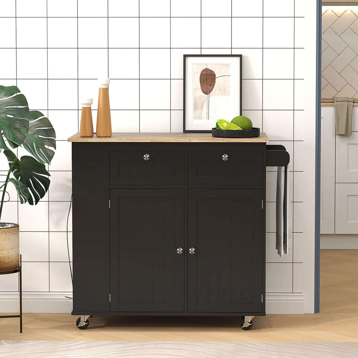Rolling Kitchen Island with Power Outlet and Drop Leaf, Black