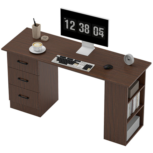 55" Computer Desk with Shelves and Reversible Drawers, Walnut