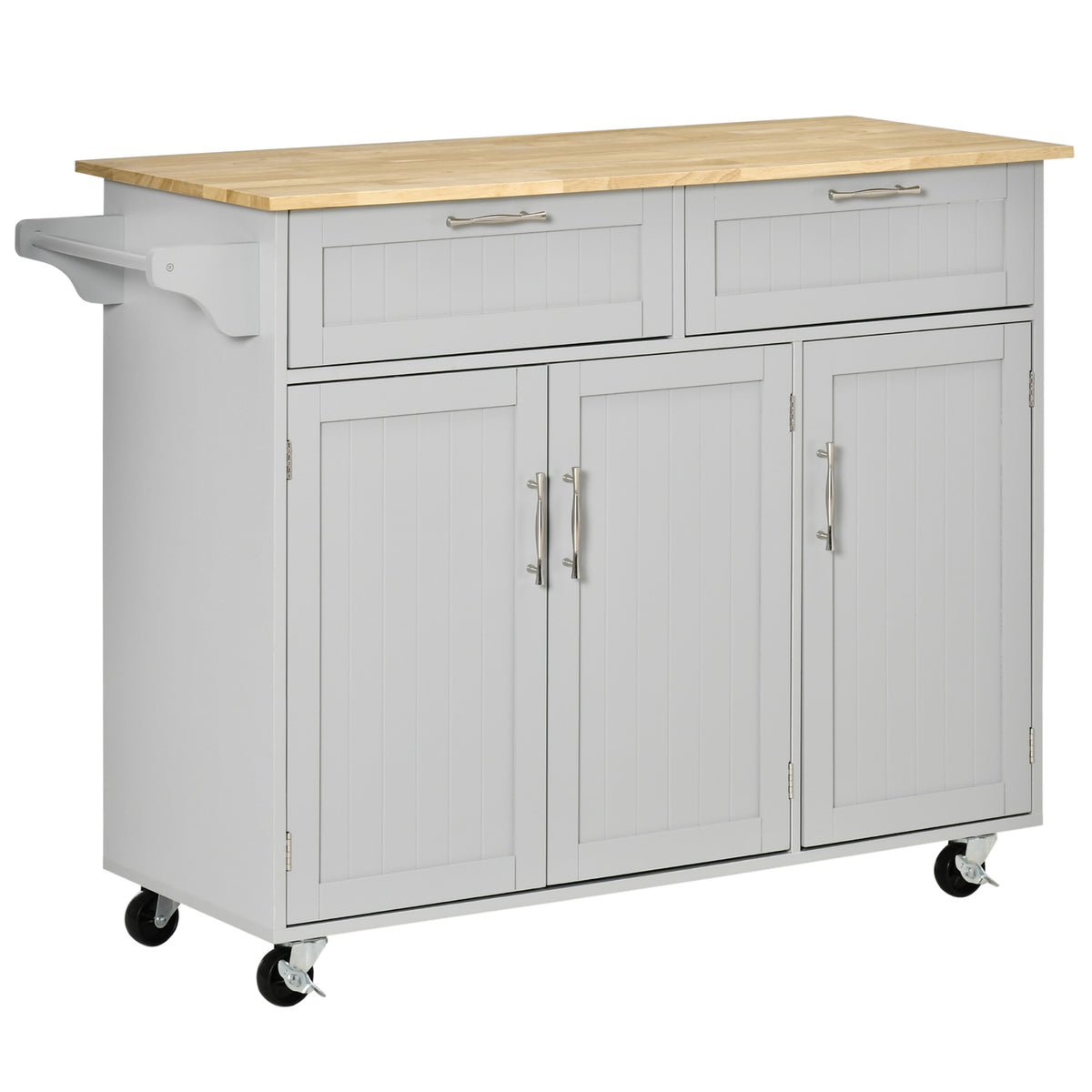 Rolling Kitchen Island Cart with Towel Rack and 3 Cabinets and 2 Drawers, Grey