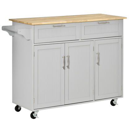 Rolling Kitchen Island Cart with Towel Rack and 3 Cabinets and 2 Drawers, Grey