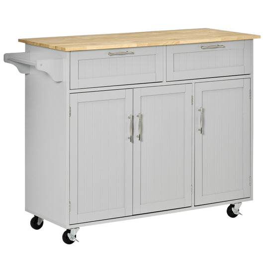 Rolling Kitchen Island Cart with Towel Rack and 3 Cabinets and 2 Drawers, Grey
