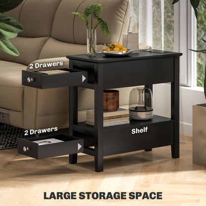 Narrow Side Table with Built-in Charging Station and USB Ports, Black