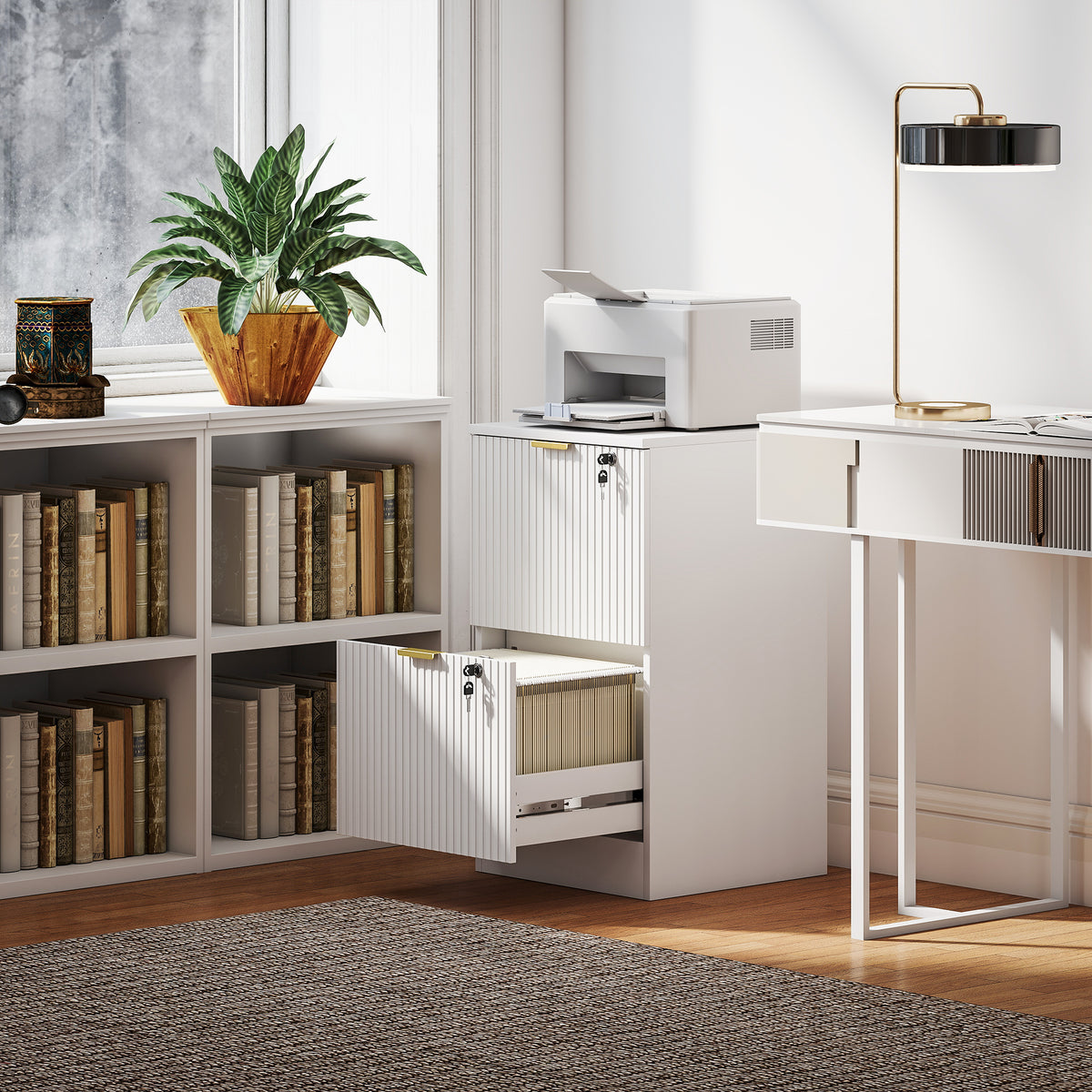 Lockable Filing Cabinet with 2 Fluted Drawers, File Cabinet with Adjustable Hanging Rails for A4 Letter Files, White