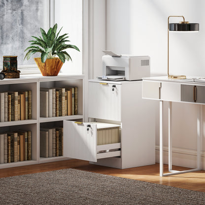 Lockable Filing Cabinet with 2 Fluted Drawers, File Cabinet with Adjustable Hanging Rails for A4 Letter Files, White