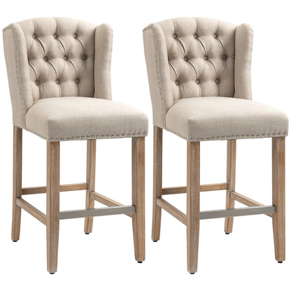 Upholstered Bar Stools with Tufted Nailhead Trim and Wood Legs, Beige (Set of 2)