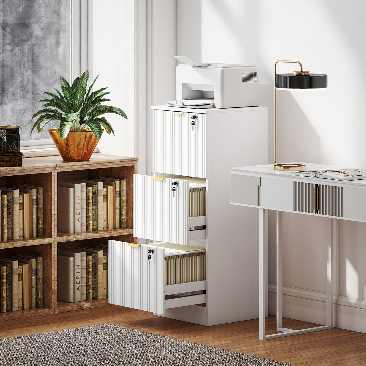 Lockable Filing Cabinet with 3 Fluted Drawers, File Cabinet with Adjustable Hanging Rails for A4 Letter Files, White