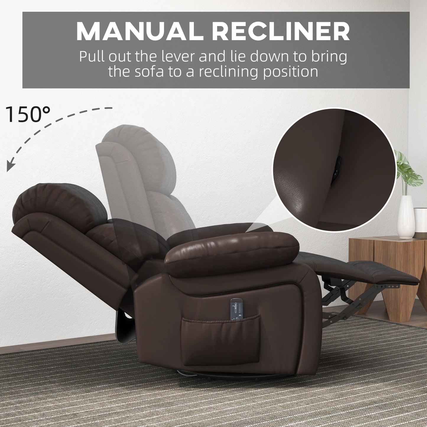 PU Leather Massage Recliner Chair with Swivel Base, Brown