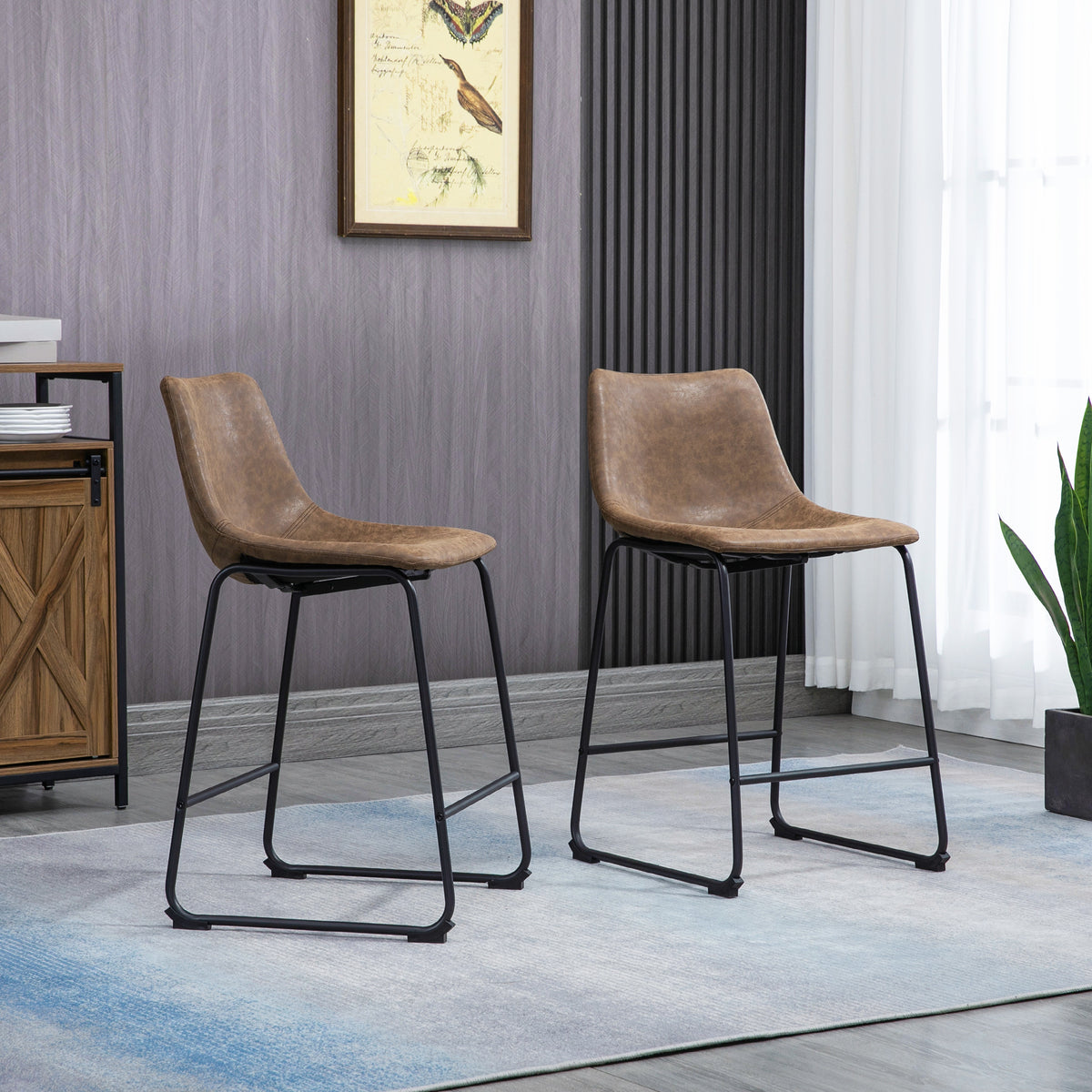 Counter-Height Bar Stools with PU Leather Upholstery and Footrest, Brown (Set of 2)