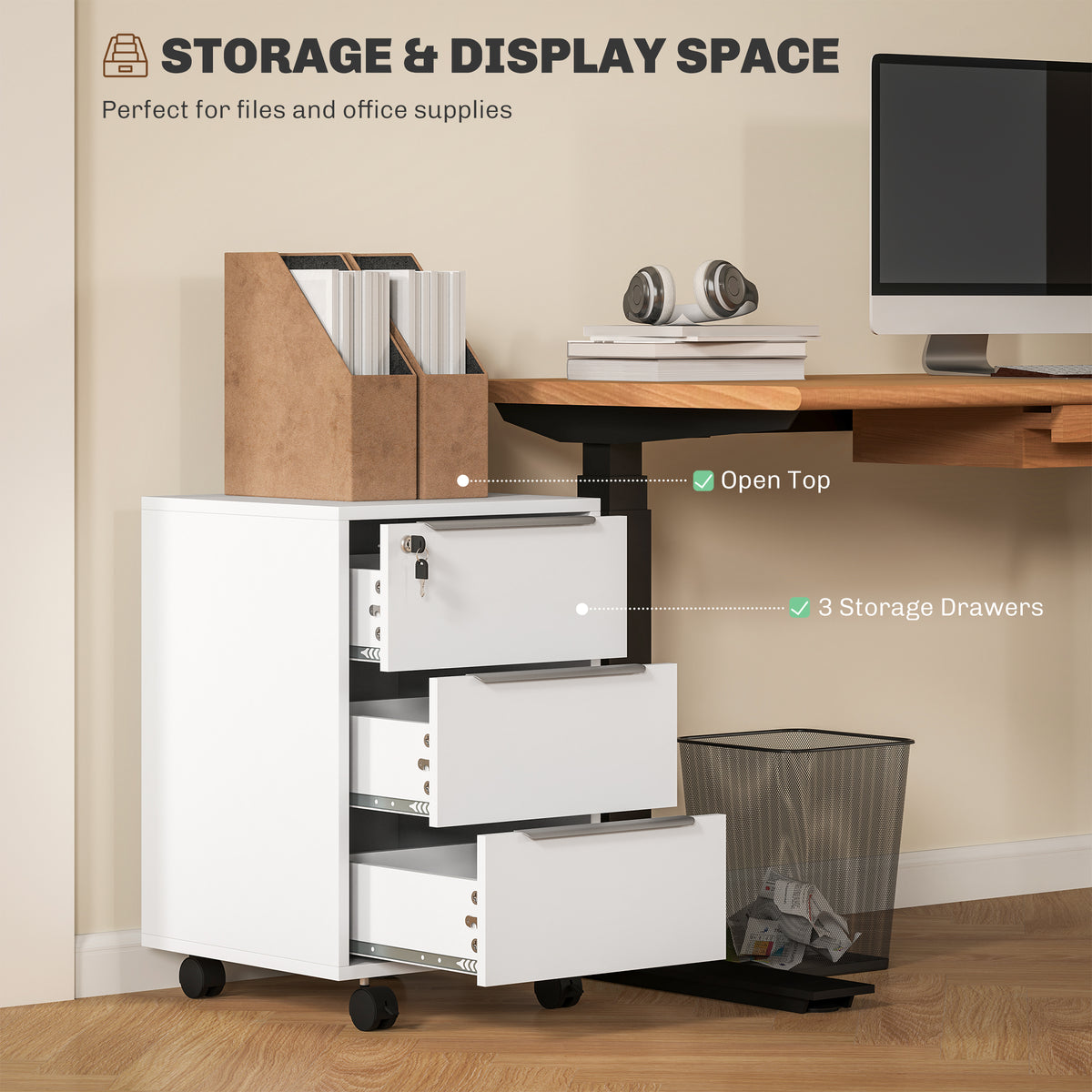 3-Drawer File Cabinet with Wheels, Vertical Filing Cabinet with Lock, White