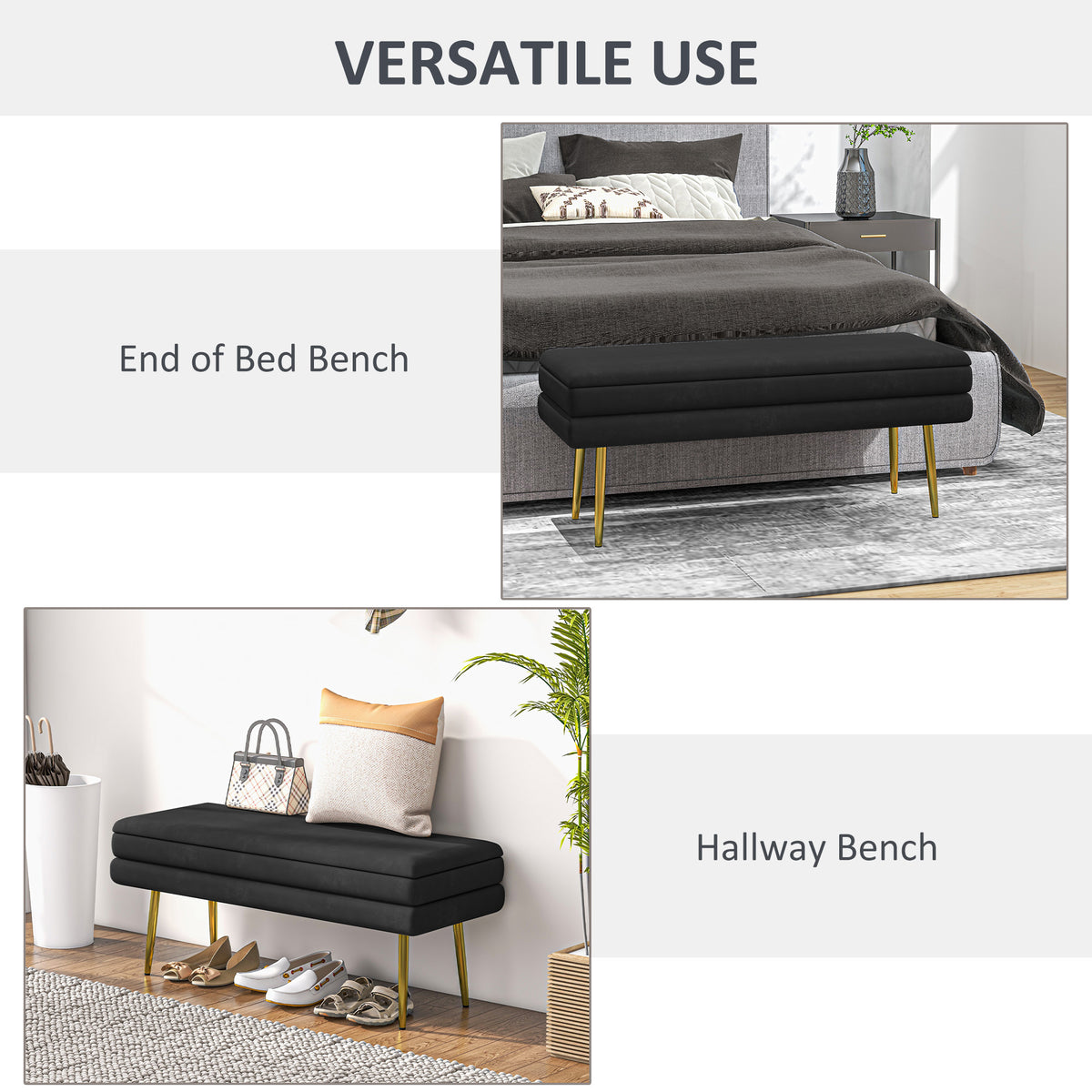 39 Inch Velvet Storage Ottoman Bench with Gold-Tone Legs, Black - view 5