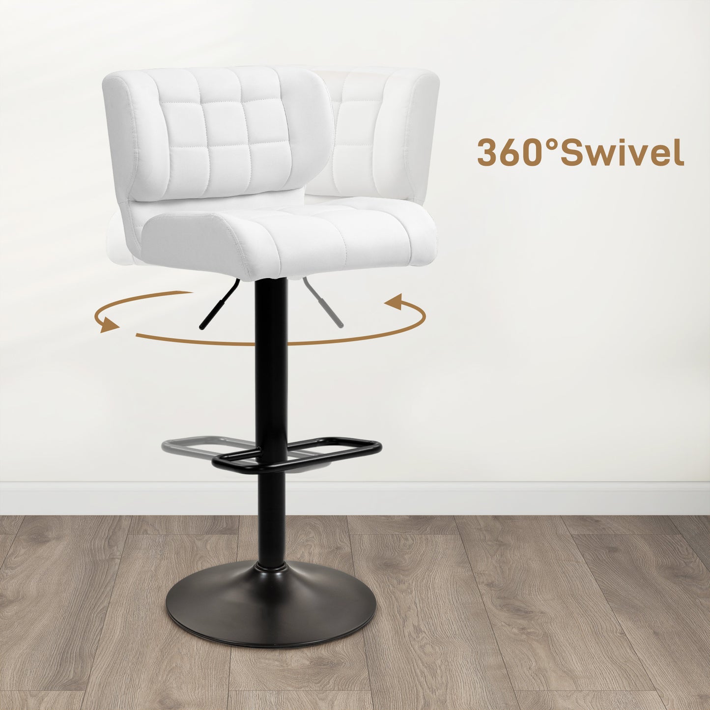 Adjustable Height Swivel Bar Stools with Tufted PU Leather, White (Set of 2)
