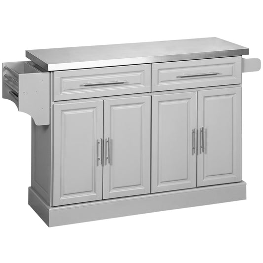 Rolling Kitchen Trolley with Stainless Steel Top and Towel Rack and Cabinet, Grey