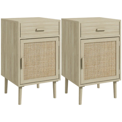 Boho Nightstands with Rattan Cabinet and Adjustable Shelf, Oak (Set of 2)