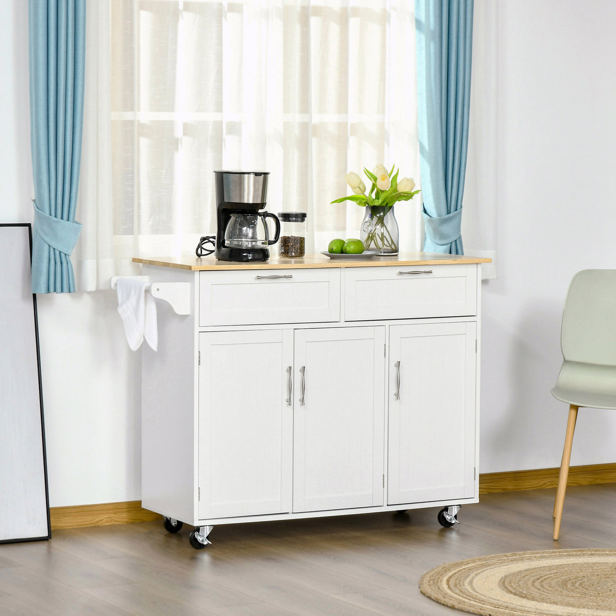 Rolling Kitchen Island Cart with Solid Wood Top and Towel Rack and 3 Cabinets, White