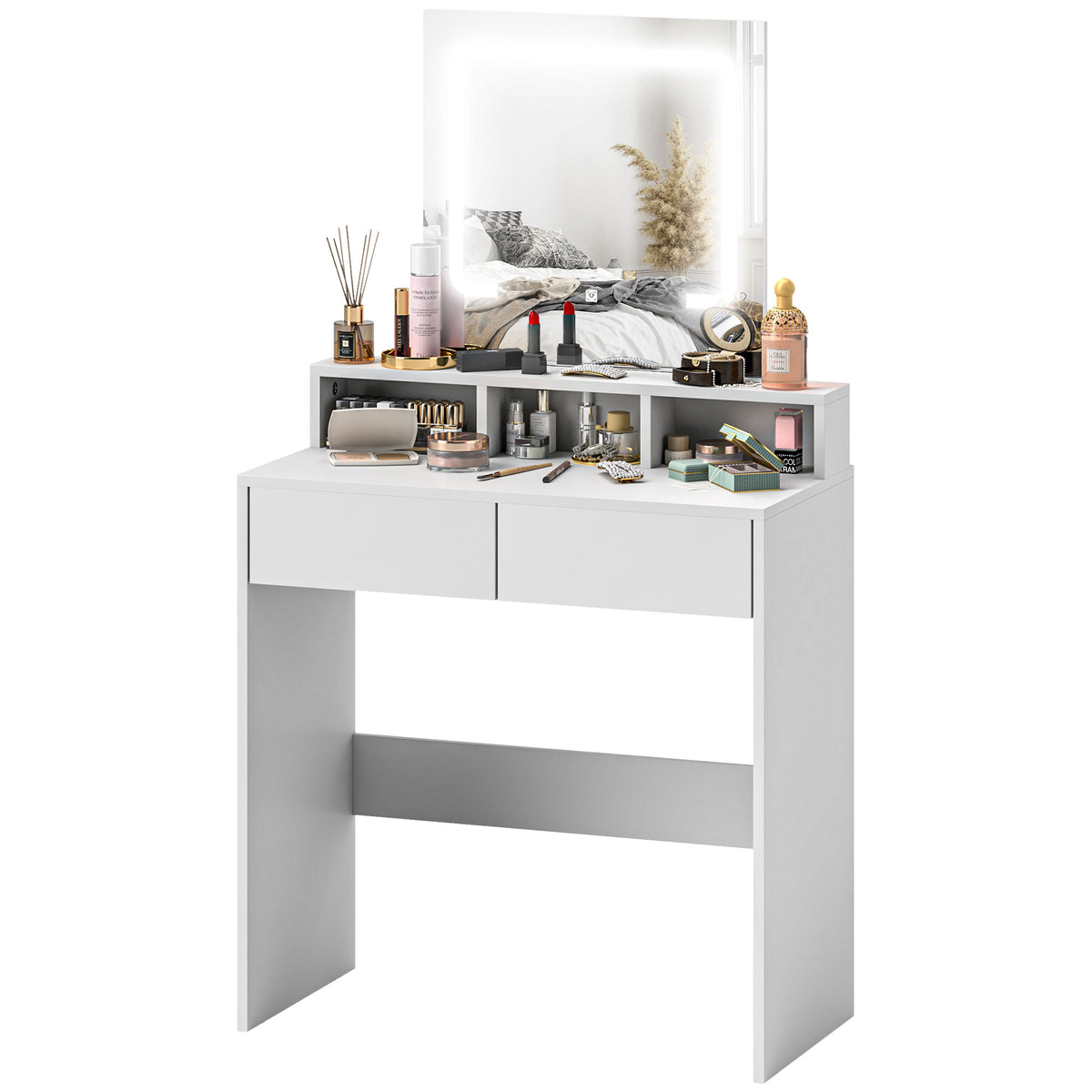 Makeup Vanity Desk with LED Mirror and Storage, White