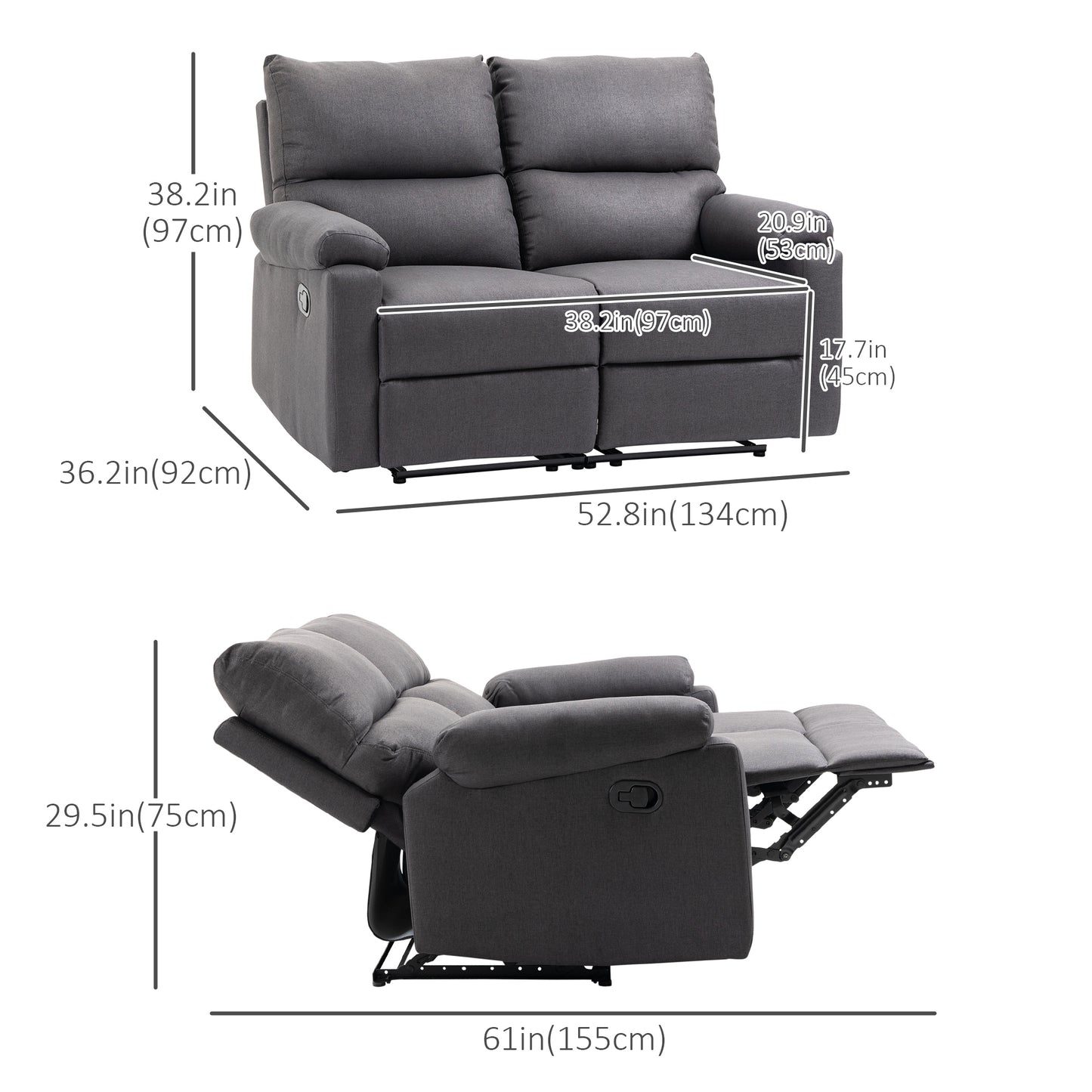 Manual Reclining Loveseat with Footrest, Dark Grey