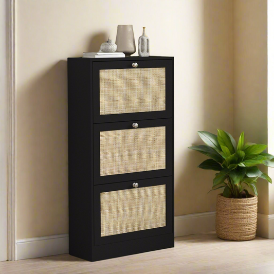 Rattan Front Shoe Cabinet with 3 Flip Drawers for 18 Pairs, Black
