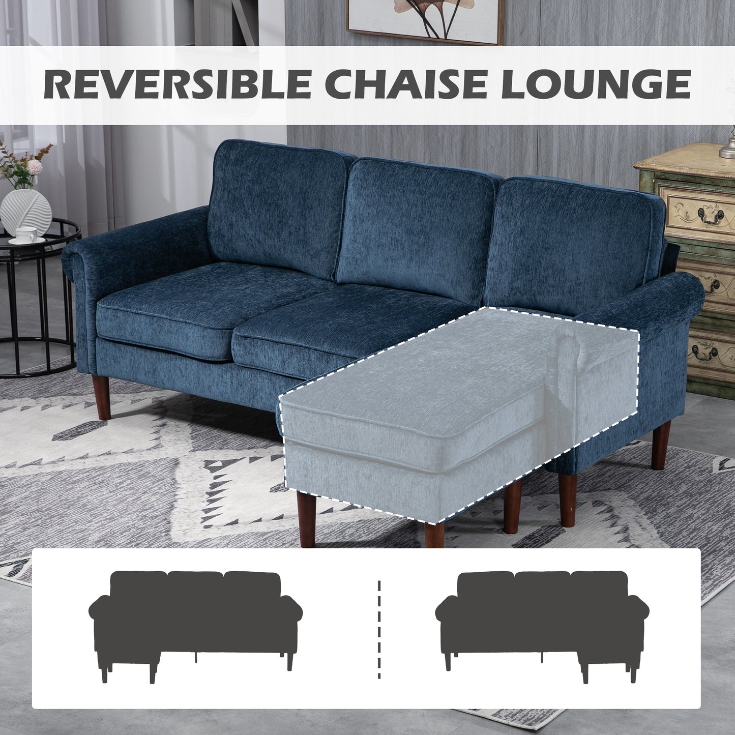 L-Shaped Sectional Sofa with Reversible Chaise Lounge, Dark Blue