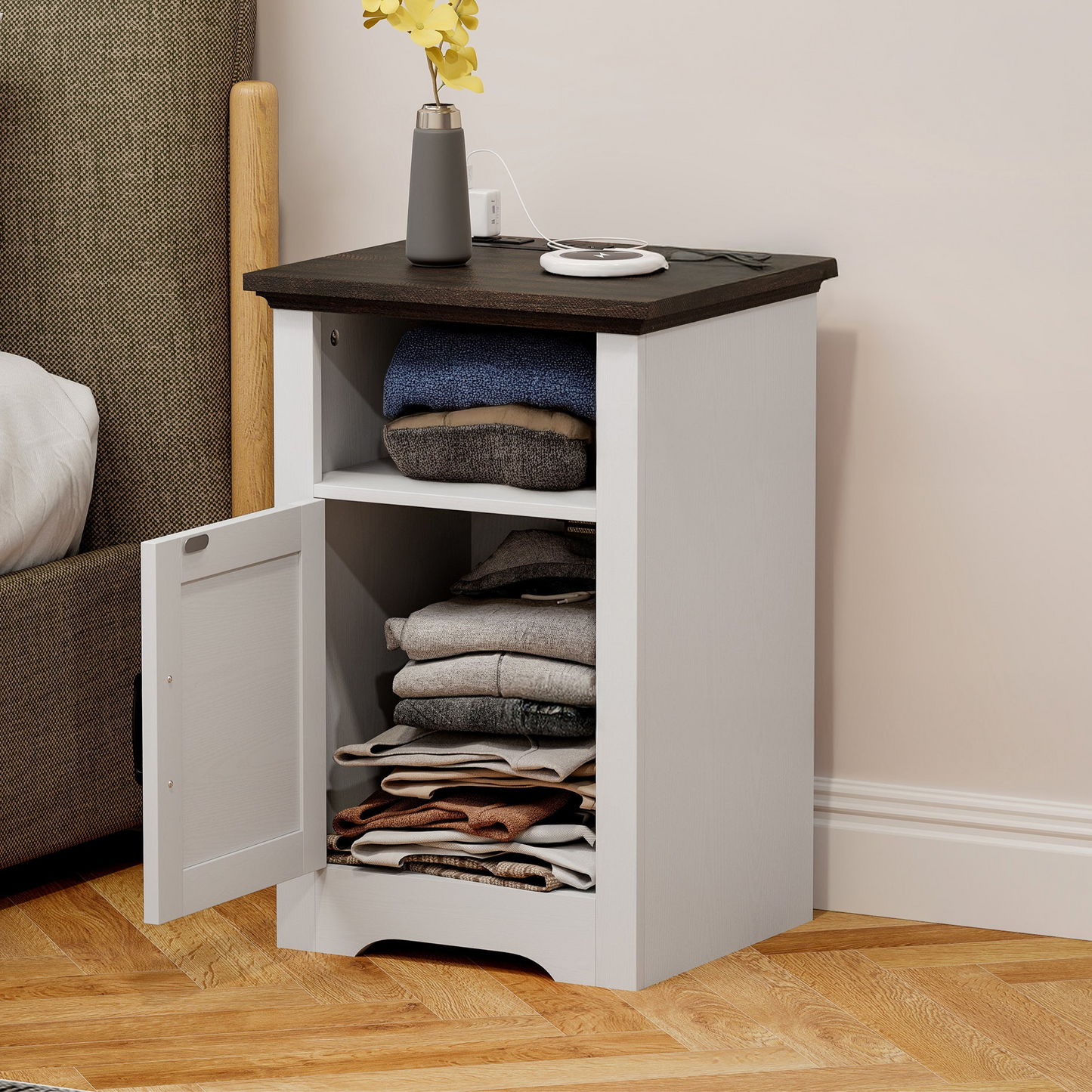 Side Tables with Charging Outlets, White (Set of 2)