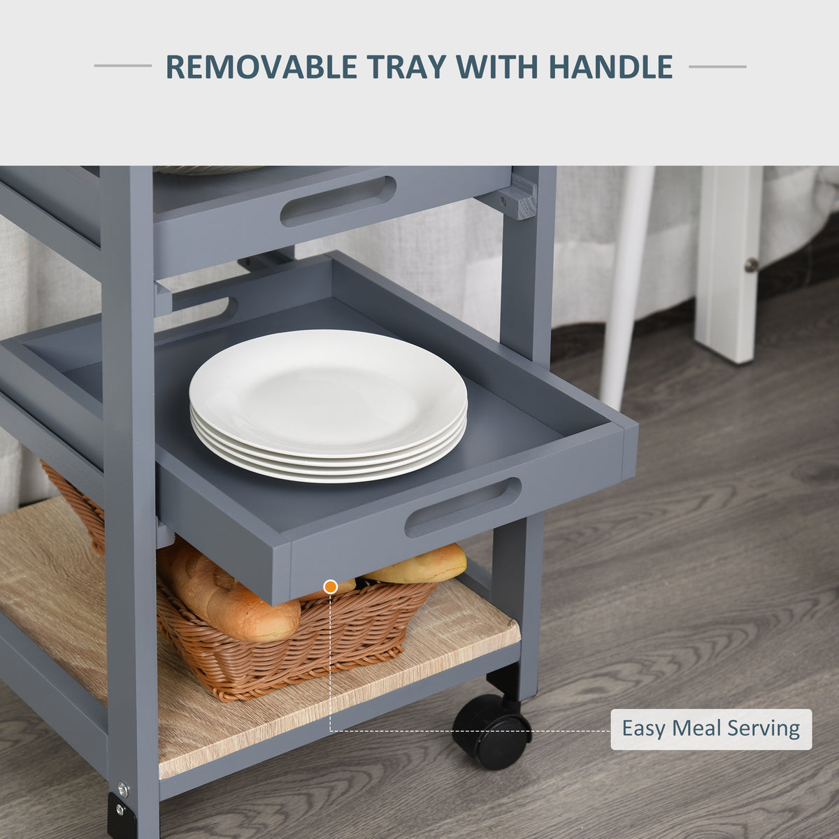 Rolling Kitchen Serving Cart with Drawer, Grey