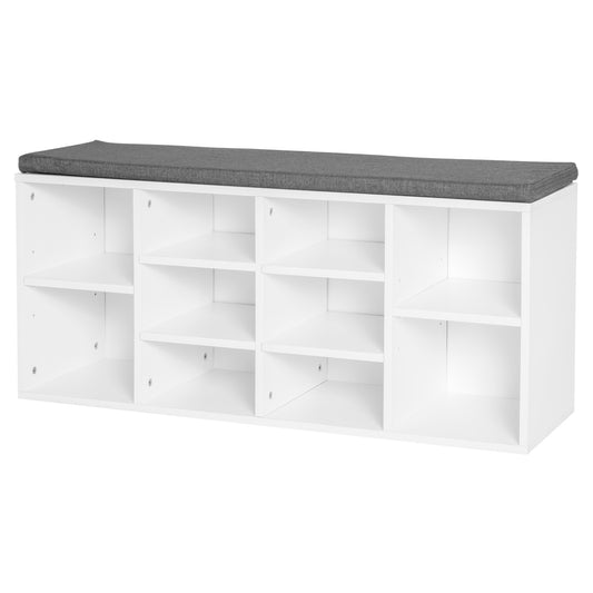 Upholstered Shoe Storage Bench with Adjustable Shelves, White