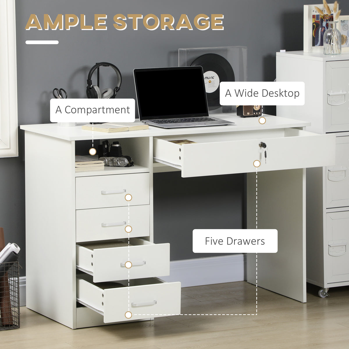 43" Computer Desk with Lockable Drawer and Storage, White
