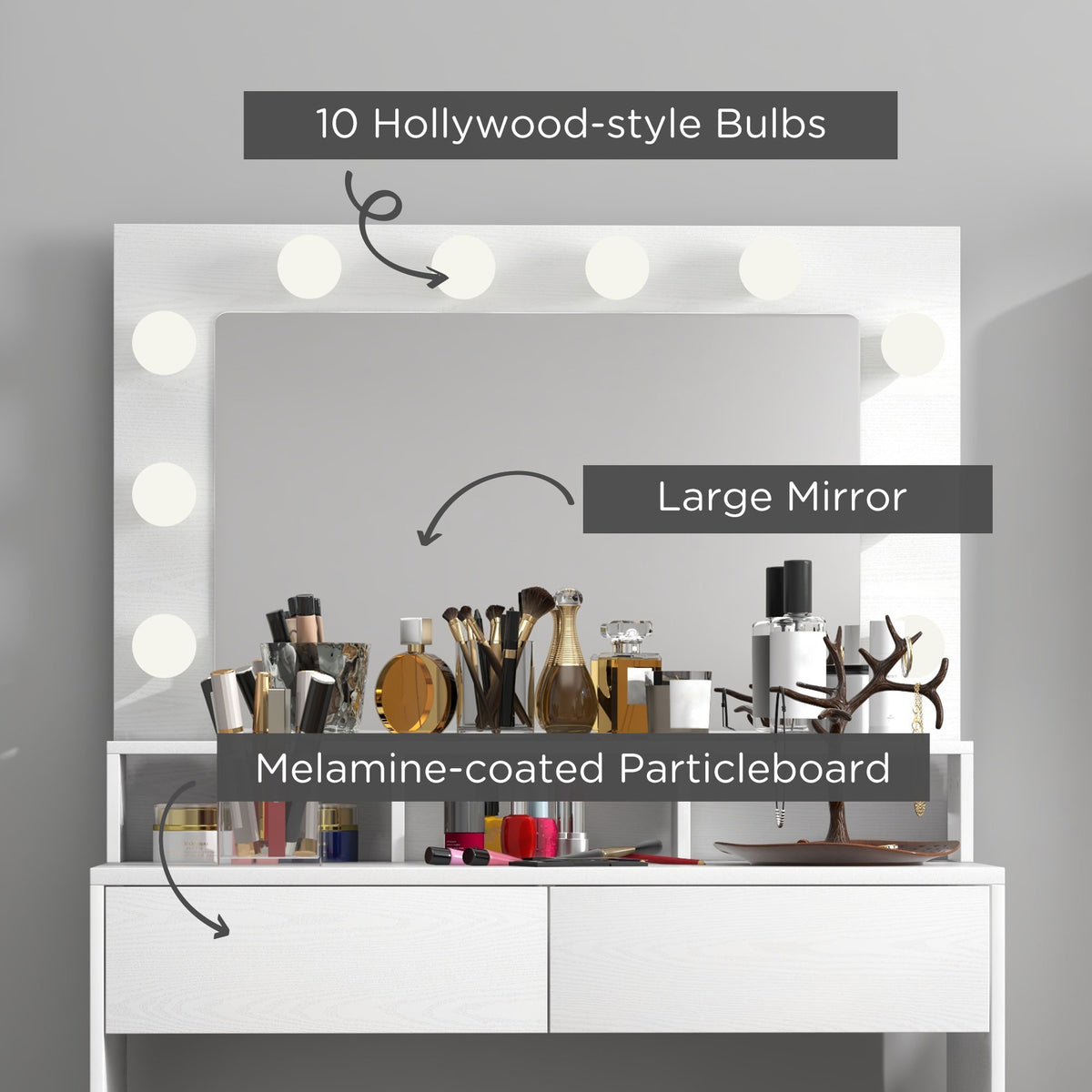 Makeup Vanity Table with LED Mirror and Drawers, White