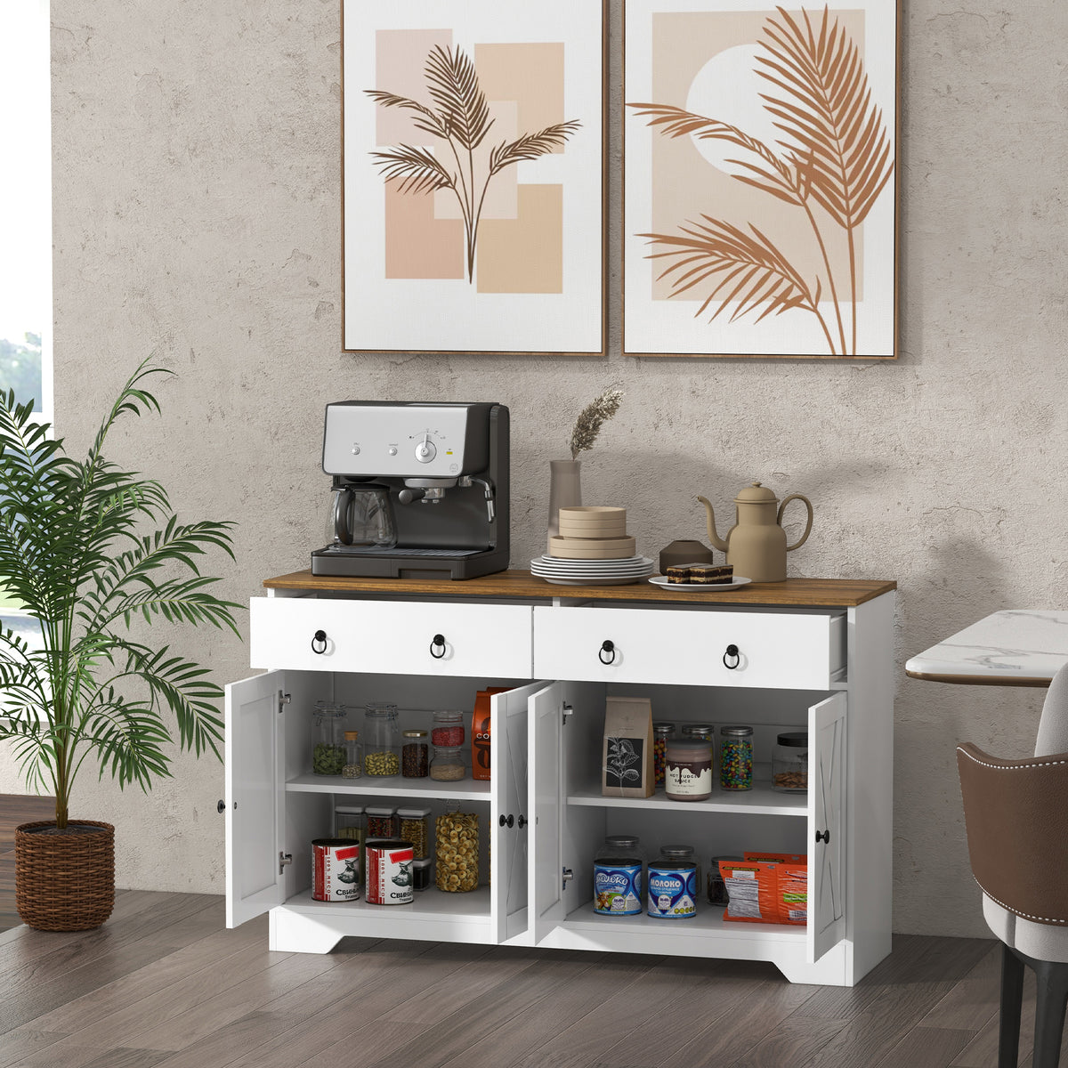 Kitchen Sideboard Cabinet with Barn Doors, White