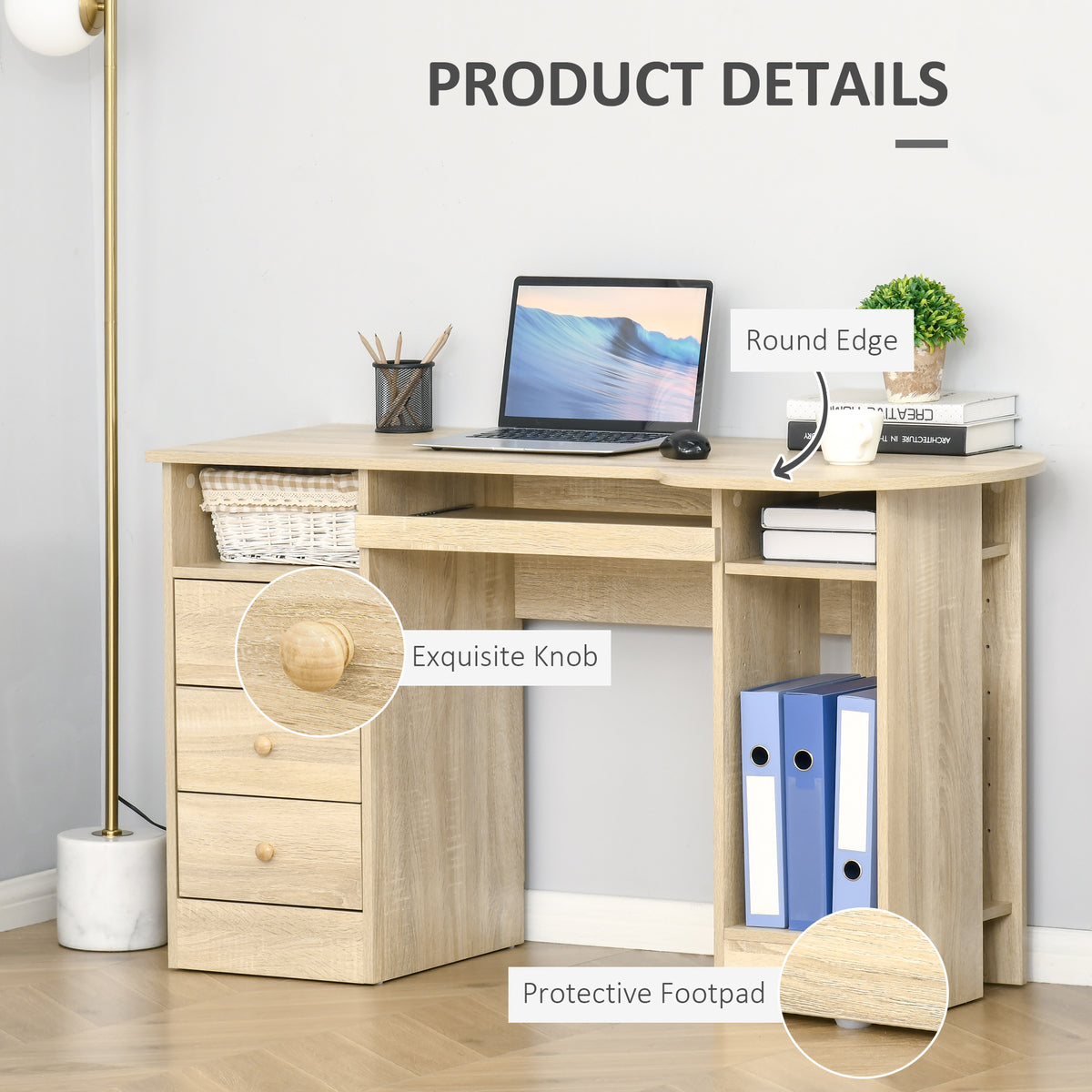Computer Desk with Keyboard Tray, Shelves and Drawers, Natural