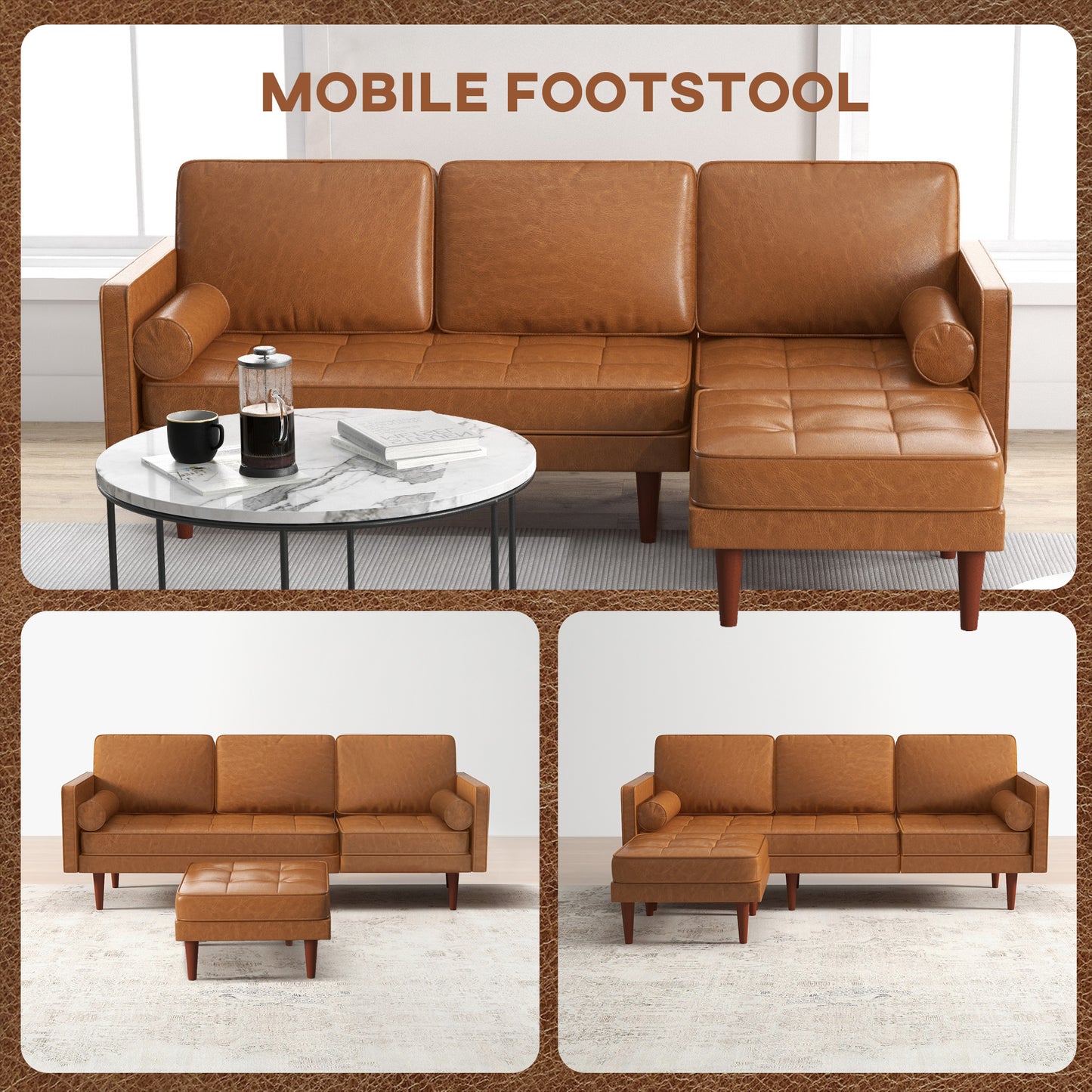 Faux Leather L-Shaped Sectional Sofa with Footstool and Pillows, Brown