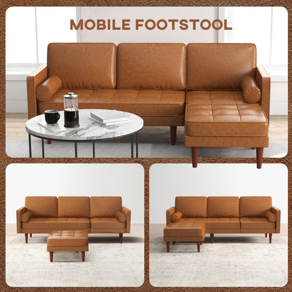 Faux Leather L-Shaped Sectional Sofa with Footstool and Pillows, Brown