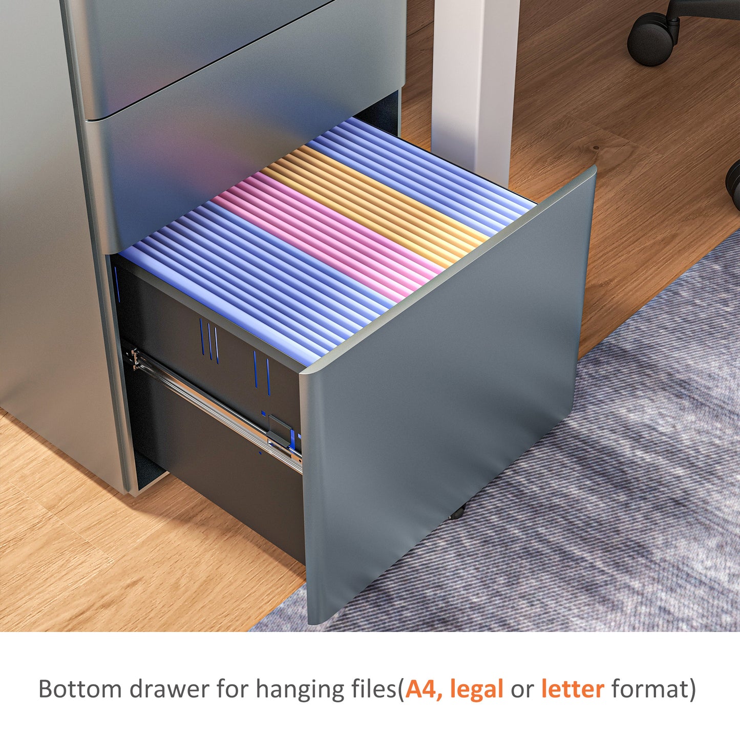 3-Drawer Steel Filing Cabinet with Wheels and Security Lock - Grey