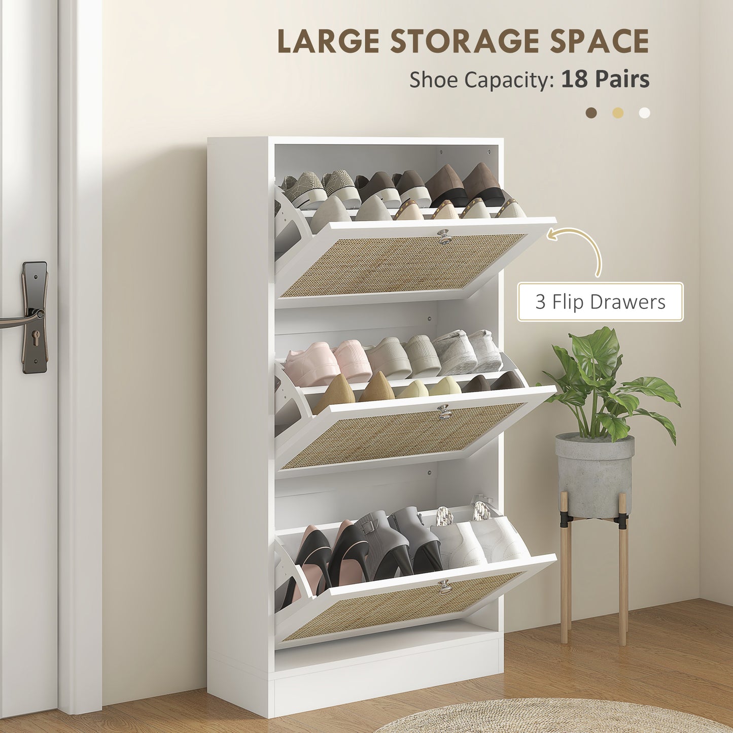 Rattan Front Shoe Cabinet with 3 Flip Drawers for 18 Pairs, White