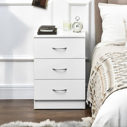 Bedside Table with 3 Drawers, Modern Wood Nightstand, White
