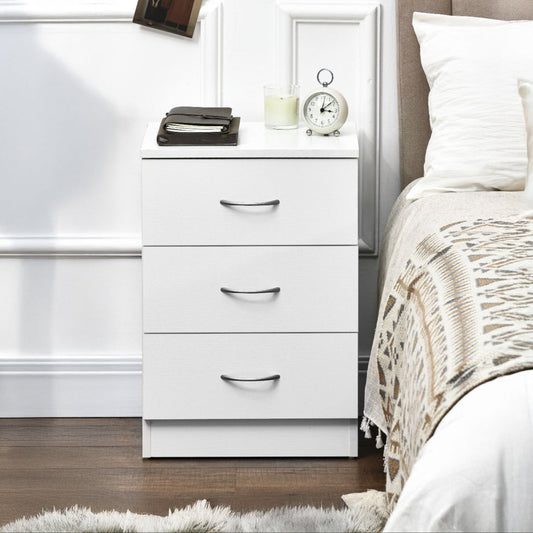 Bedside Table with 3 Drawers, Modern Wood Nightstand, White