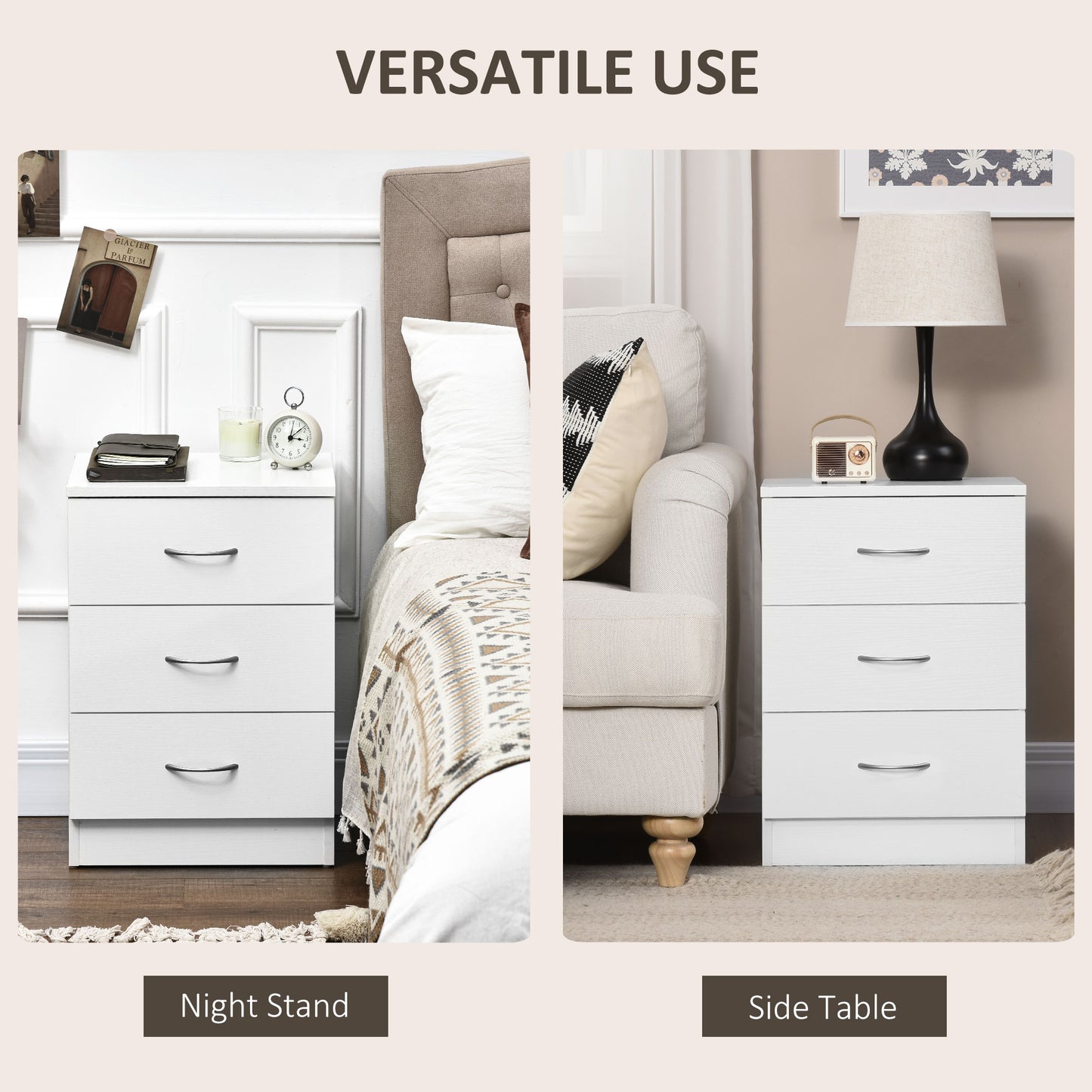 Bedside Table with 3 Drawers, Modern Wood Nightstand, White
