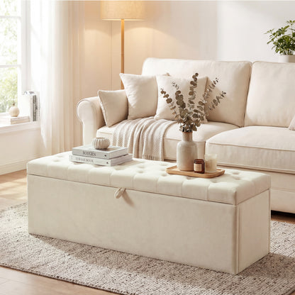 Upholstered Storage Bench with Wood Legs, Beige