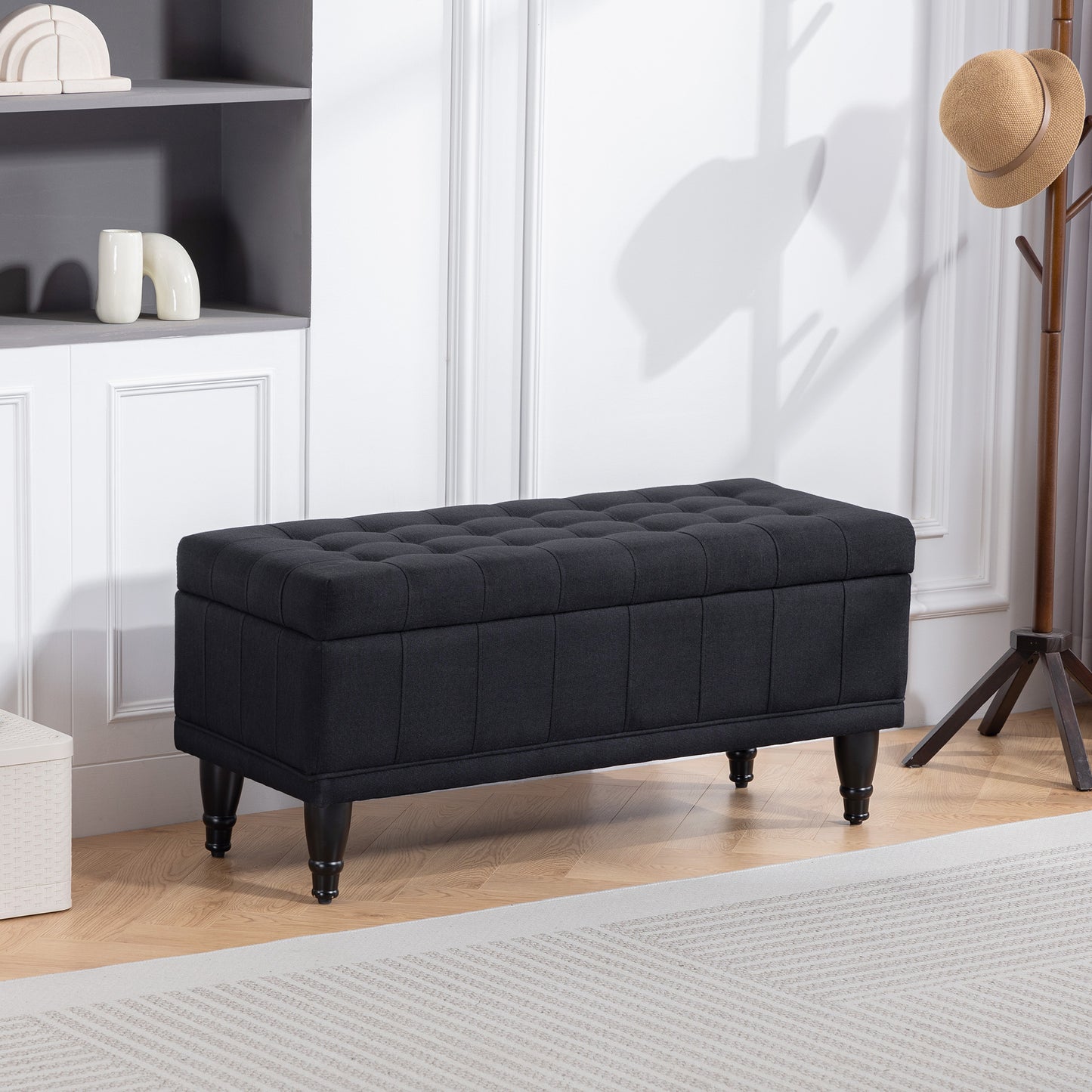 Upholstered End-of-Bed Bench with Wood Legs, Black