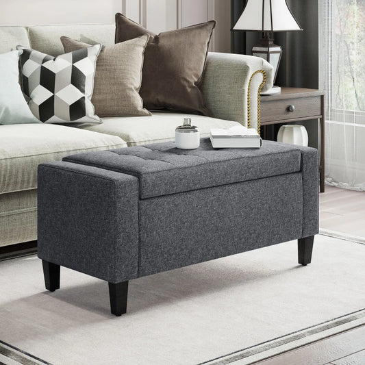 Linen Upholstered Storage Ottoman Bench with Tufted Design, Dark Gray
