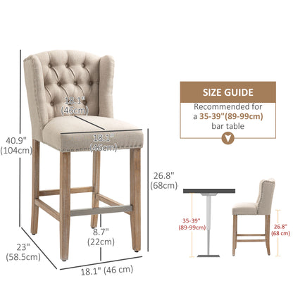 Upholstered Bar Stools with Tufted Nailhead Trim and Wood Legs, Beige (Set of 2)