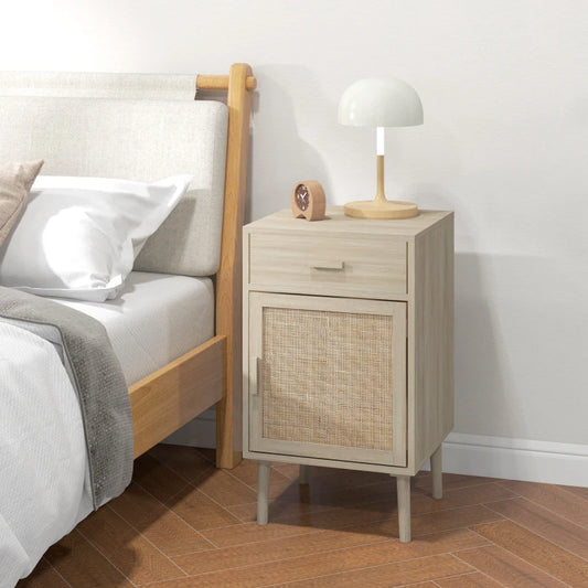 Boho Nightstands with Rattan Cabinet and Adjustable Shelf, Oak (Set of 2)