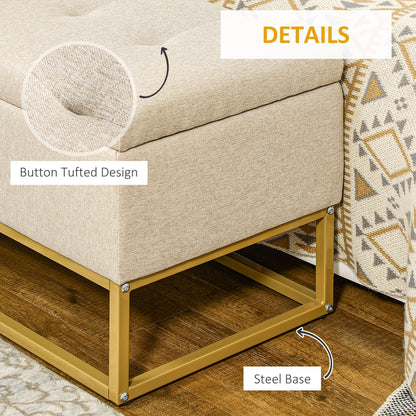 Linen Upholstered Storage Bench with Steel Legs, Beige