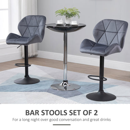 Velvet-Touch Adjustable Height Bar Stools with Diamond Tufting, Gray (Set of 2)