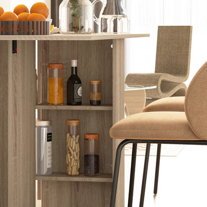 Extendable Dining Table with Storage Shelves and Rolling Wheels - Natural Wood