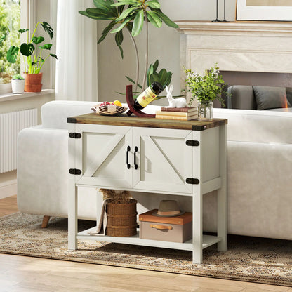 35" Farmhouse Storage Cabinet with Barn Doors and Bottom Shelf, White