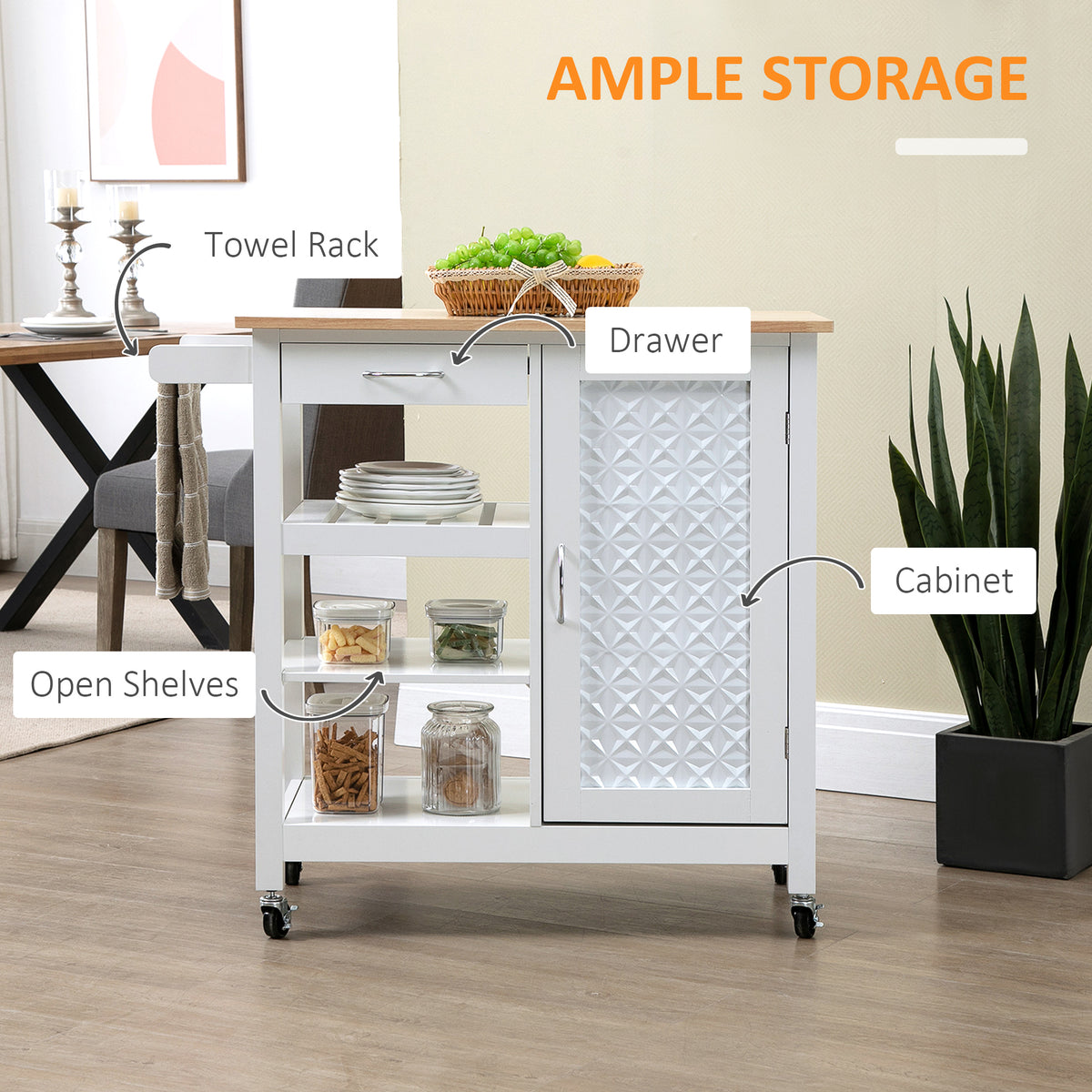 Rolling Kitchen Utility Cart with Drawer and Embossed Door Panel, White