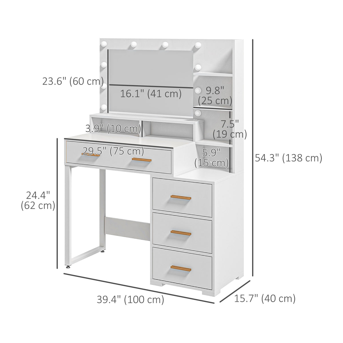 LED Vanity Table with Mirror, Drawer, and Storage Shelves, White
