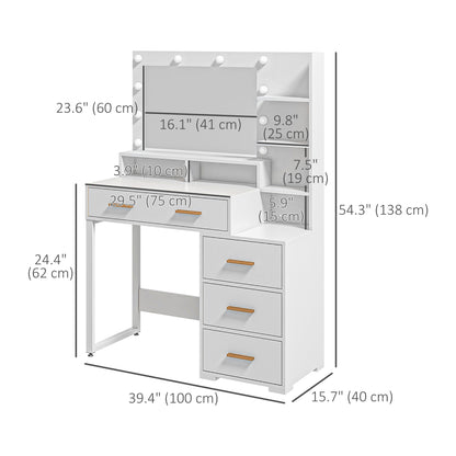 LED Vanity Table with Mirror, Drawer, and Storage Shelves, White