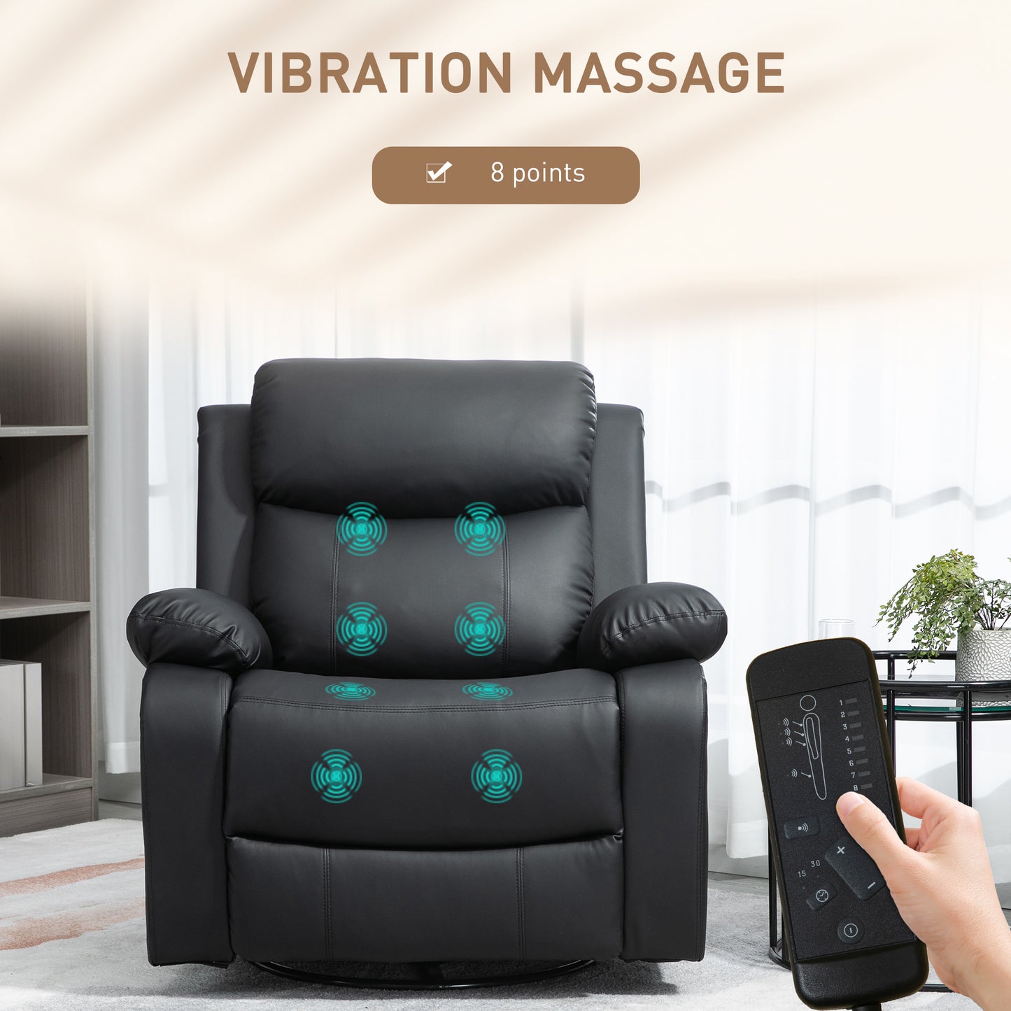 PU Leather Massage Recliner Chair with Swivel Base, Black