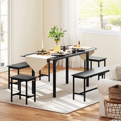 5-Piece Extendable Dining Set with Benches and Stools - Black